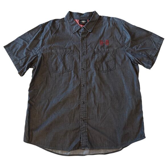 Harley-Davidson Washed Gray Casual Black Pearl Snap Shirt Size 2XL Bikercore - Picture 1 of 11